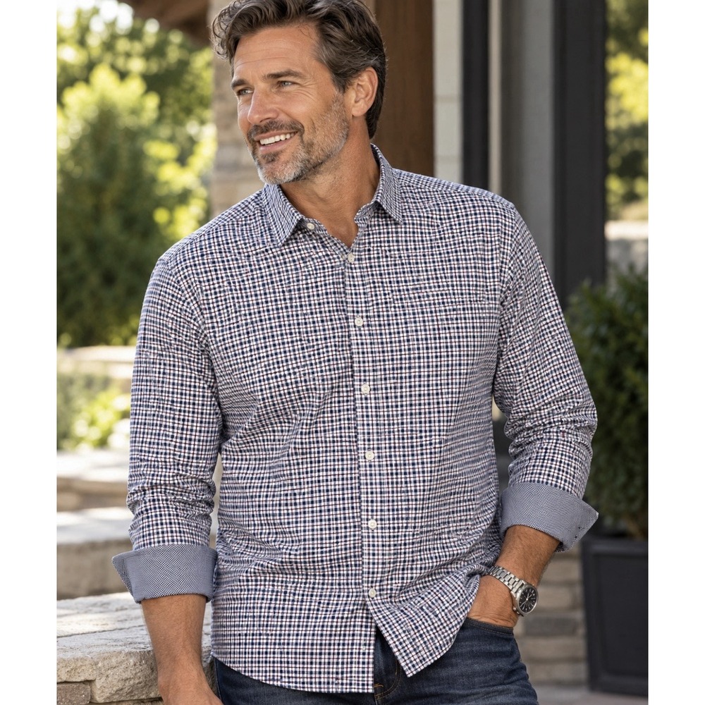 Johnston & Murphy Mens XXXLLong Sleeve ButtonUp Shirt Bluesquares contrast cuff